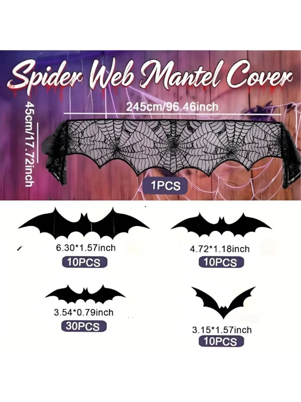 61 Pcs Halloween Mantel Decor Set, with Spiderweb Cover and Bat Stickers